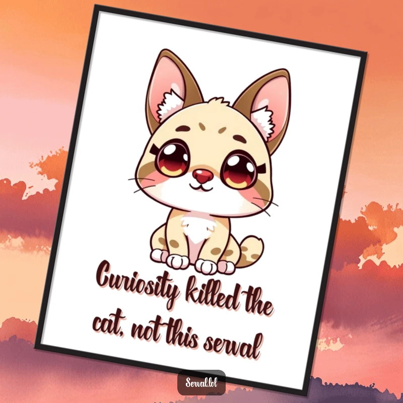 Funny free printable wall art of a kawaii serval character looking up with large, wide, and intensely curious eyes.