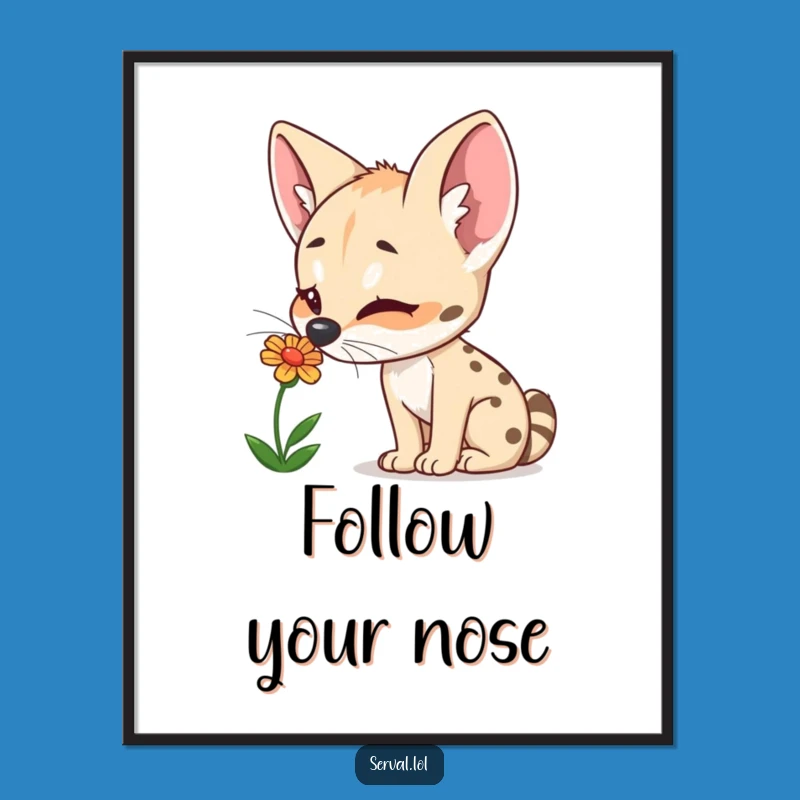Free Printable Wall Art: Amused Serval Sniffing Flower, Whimsical Downloadable Nature Art
