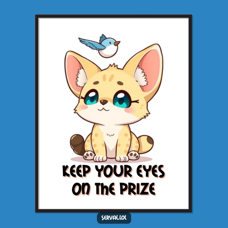 Free Printable Wall Art: Awed Serval Gazing at Bird, Whimsical Downloadable Art for Dreamers