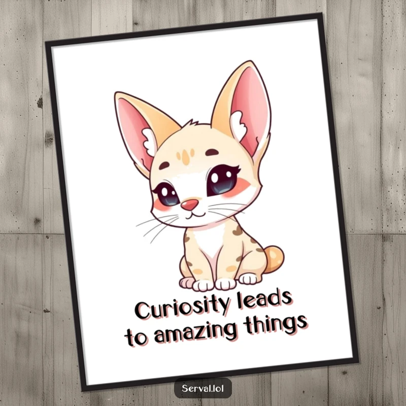 Funny Free Printable Wall Art: A serval cat with large, expressive ears tilts its head, radiating gentle curiosity and charm.