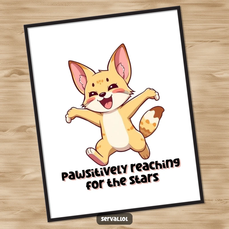 Funny Free Printable Wall Art: A serval captured mid-air, leaping ecstatically with legs splayed, embodying pure happiness.