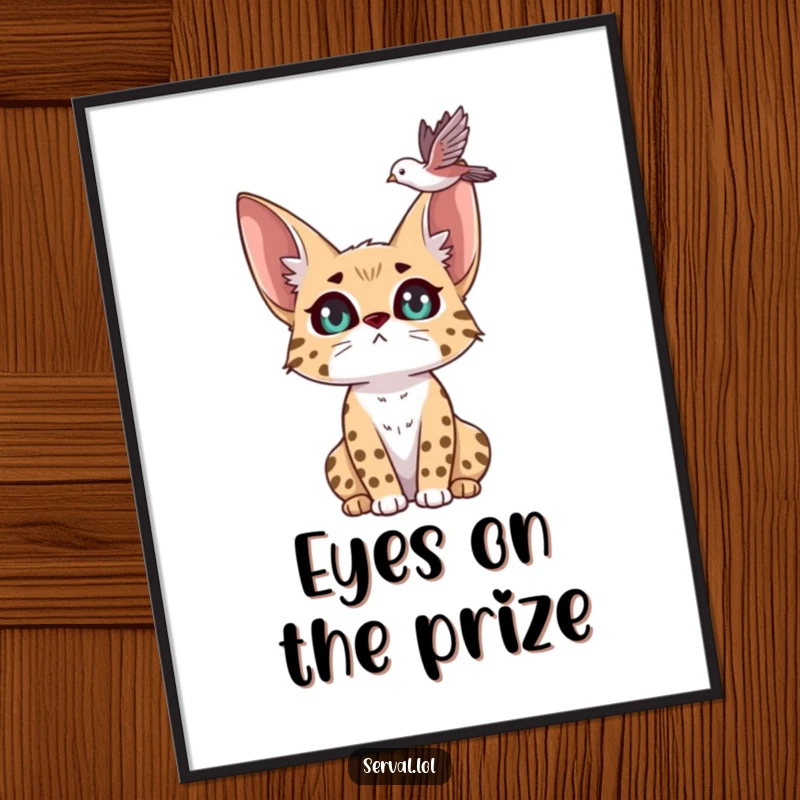 Funny Free Printable Wall Art of a serval with intensely expressive eyes observing a bird in flight overhead.