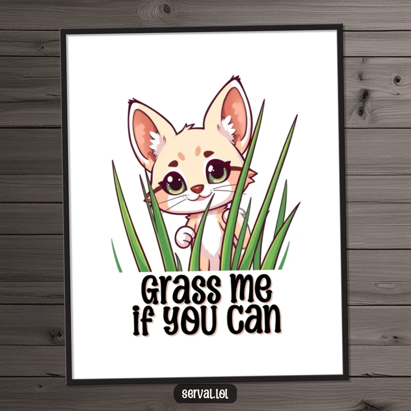 Funny Free Printable Wall Art: Cheerful Serval Peeking Wide-Eyed from Tall Grass, Quirky Decor.
