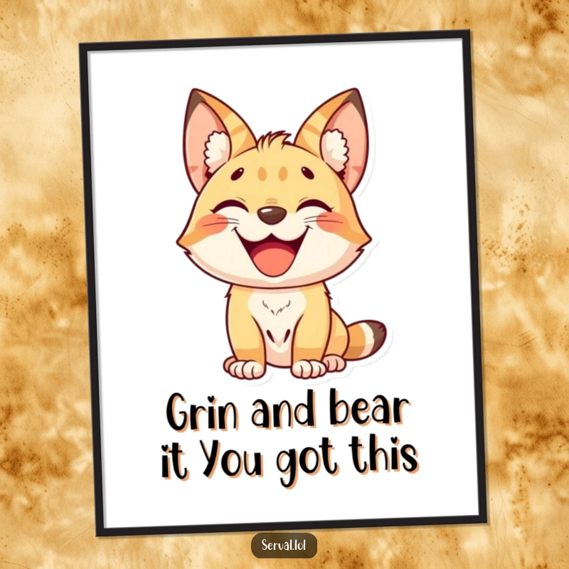 Hilarious Free Printable Wall Art: A kawaii serval beaming with an infectious, delighted grin, perfect downloadable happiness.