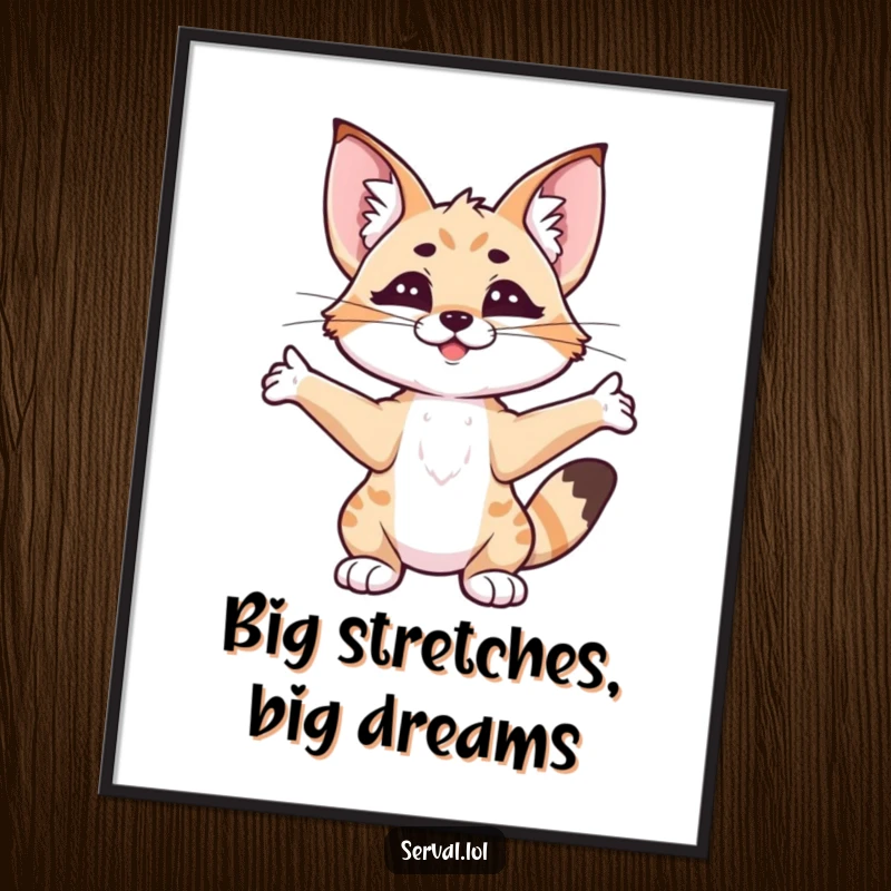 Funny free printable wall art of a content serval in a relaxed stretch, adding humorous charm to any room.
