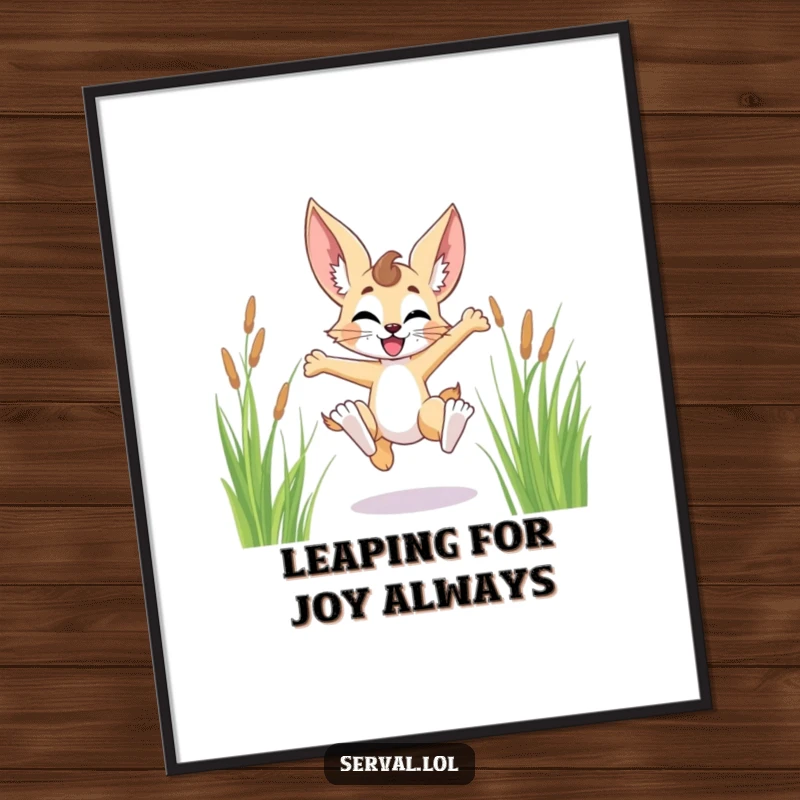 Funny free printable wall art of a serval character caught mid-leap, joyfully bounding through tall grass.
