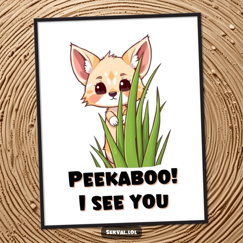 Hilarious Free Printable Wall Art: A kawaii serval peeking over grass, adding quirky downloadable charm to any room.