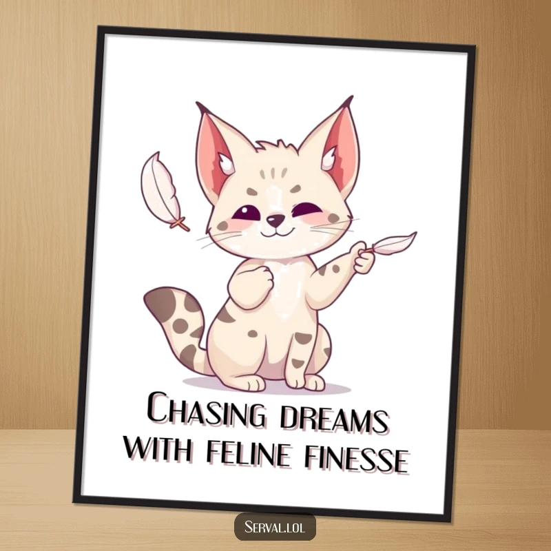 Funny Free Printable Wall Art: An energetic serval batting playfully at a single floating feather, bringing joy to any space.