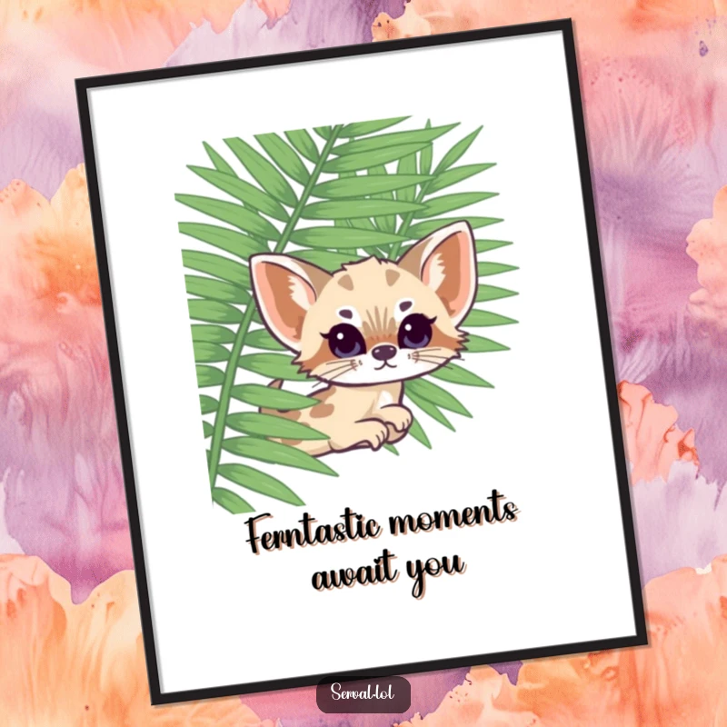 Funny Free Printable kawaii serval peeking from behind a giant fern frond, creating whimsical and cute downloadable wall art.