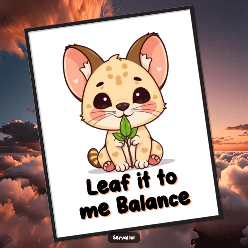 Funny Free Printable Wall Art featuring a kawaii serval character skillfully balancing a small leaf on its nose.