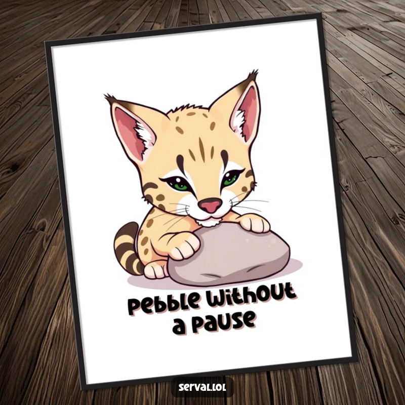 Funny Free Printable Wall Art of a serval playfully nudging a smooth pebble with its nose, radiating innocent curiosity.
