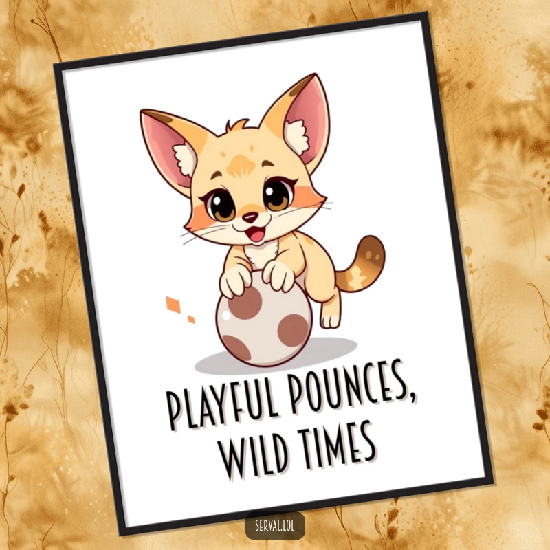 Funny Free Printable Wall Art: A serval in a comical mid-air pounce on a rolling ball, energetic downloadable art.