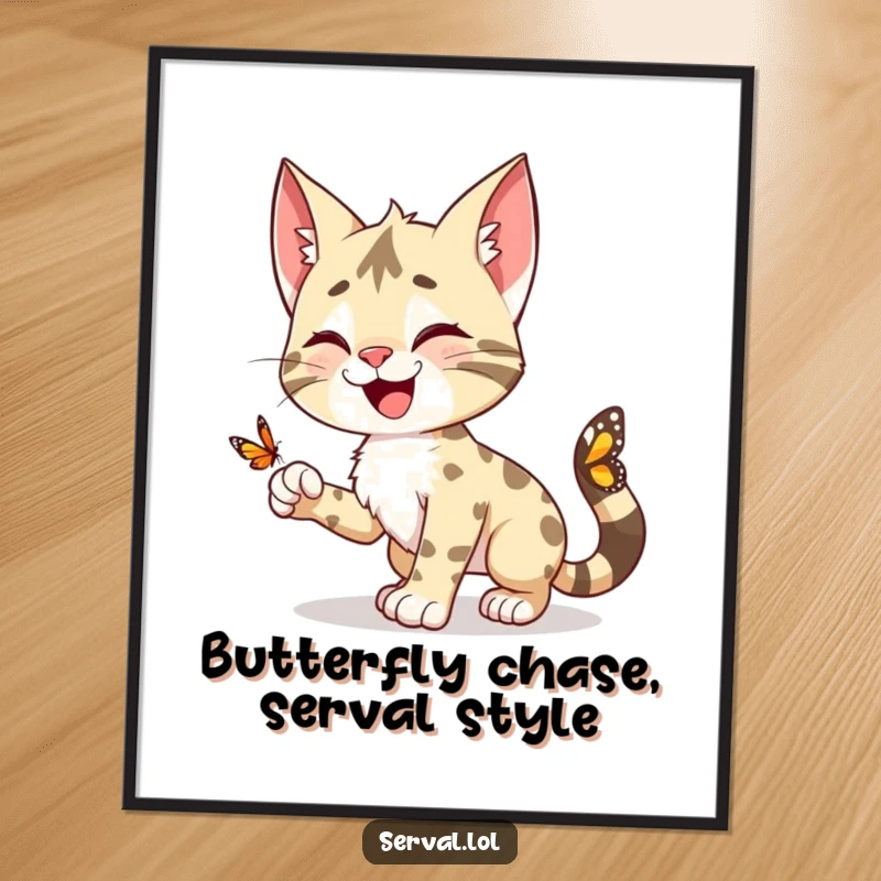 Funny Free Printable Wall Art: A happy serval character playfully pouncing towards a tiny butterfly in a grassy field.