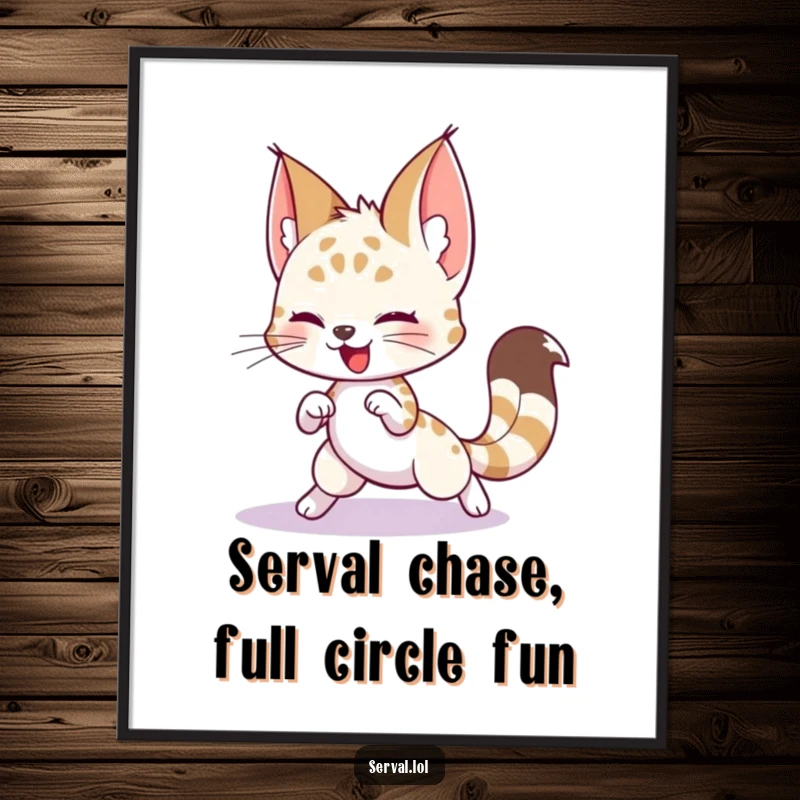 Funny Free Printable Wall Art: A playful serval character chasing its own tail in a silly, energetic loop.