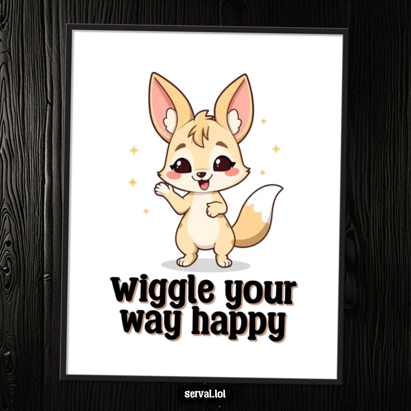 Funny Free Printable Wall Art: A serval character doing an infectious, happy wiggle dance with sheer delight.