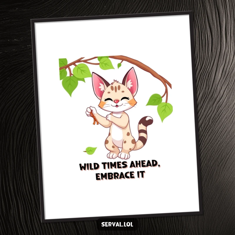Funny Free Printable Wall Art: A serval playfully batting at a dangling vine, capturing a moment of jungle curiosity.