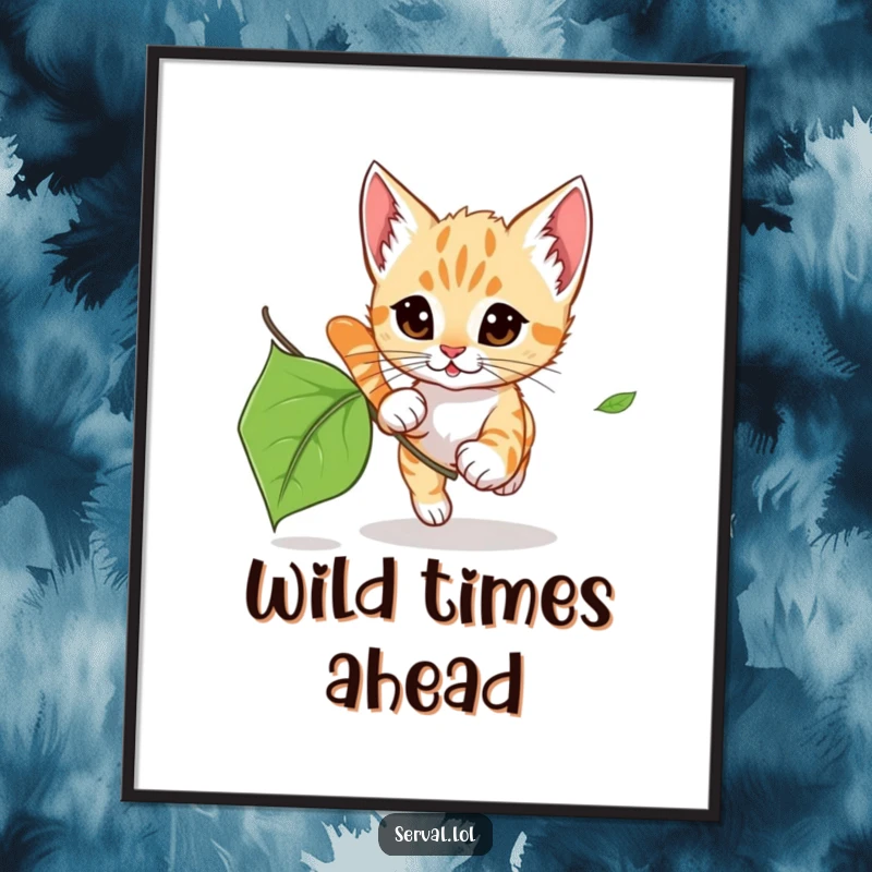 Charming free printable wall art depicting a serval kitten's playful pursuit of a rustling leaf.