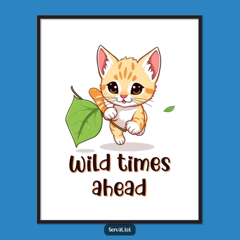 Free Printable Wall Art: Playful Serval Kitten Leaf Art Digital Download Gift