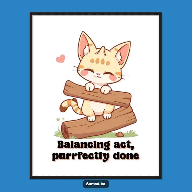 Witty Free Printable Wall Art: Winking Serval Cat Balancing, Quirky Downloadable Decor