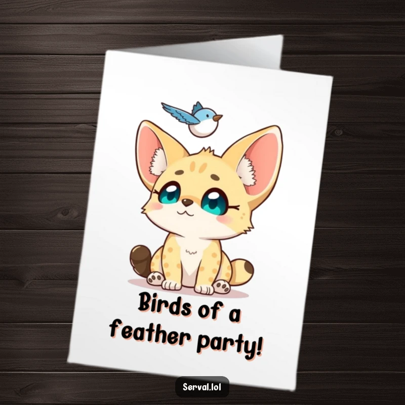 Funny Free Printable Birthday Card: Small Serval Looking Up Adoringly at Hovering Bird, DIY Gift.