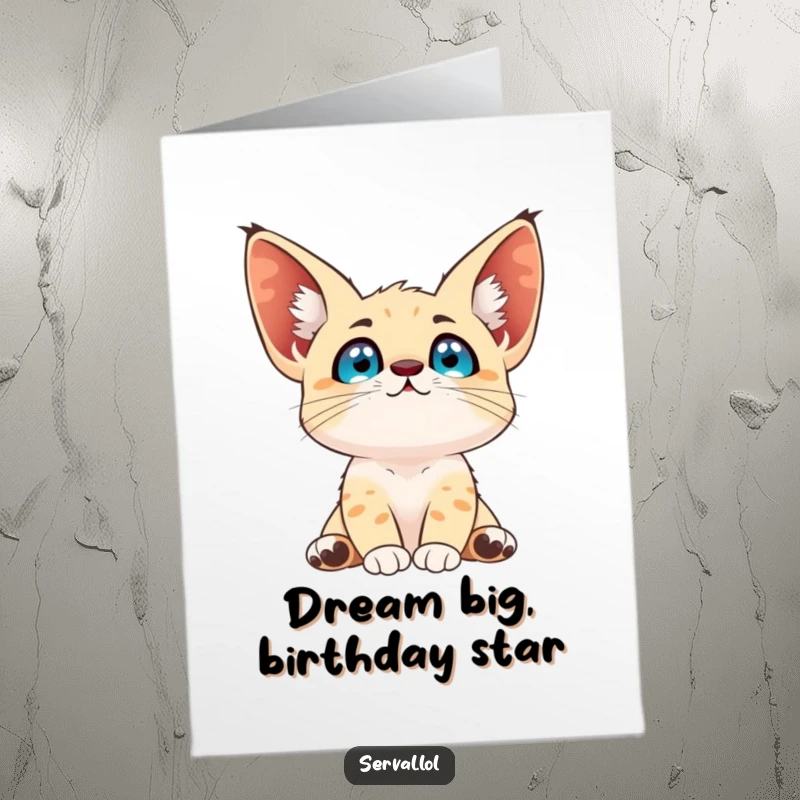 Funny Free Printable Birthday Card featuring a serval with wide, bright eyes gazing wistfully at the sky.