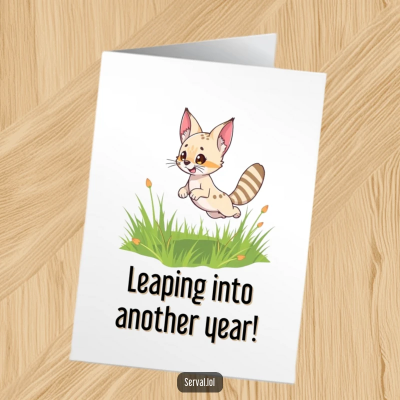 Funny Free Printable Birthday Card: Cute serval character joyfully leaping in a grassy field, ears perked, ready to celebrate.