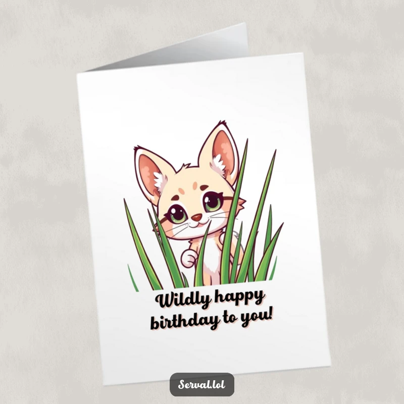 Funny Free Printable Birthday Card: Cheerful Serval Peeking Wide-Eyed from Tall Grass, DIY Gift.