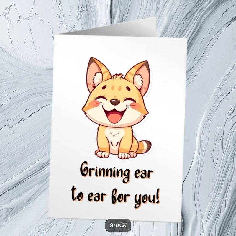 Funny Free Printable Birthday Card: Kawaii serval with a huge, delighted grin, a downloadable burst of happiness.