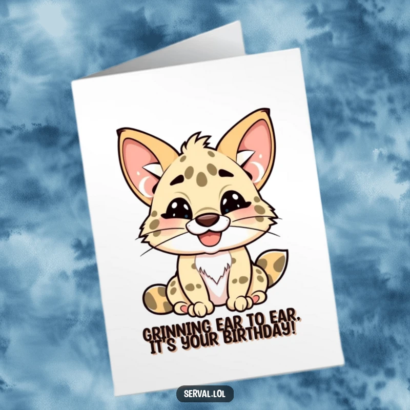 Funny Free Printable Birthday Card featuring a kawaii serval with a wide, playful, toothy grin, ready to party.