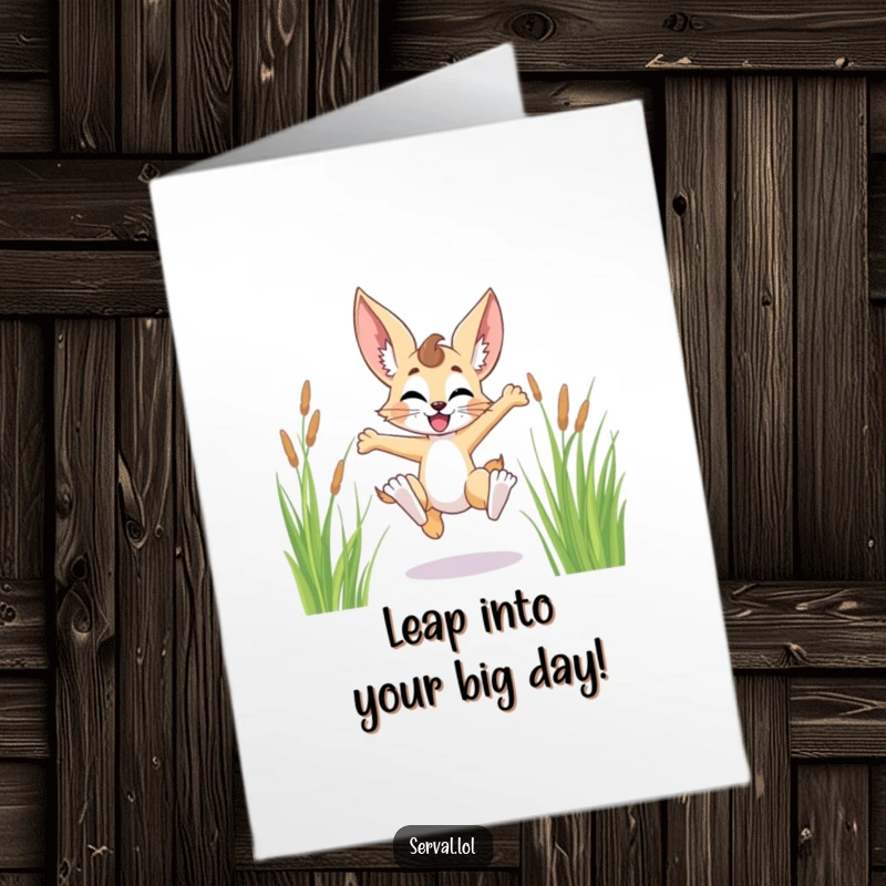 Funny free printable birthday card depicting a serval character joyfully leaping high through lush, tall grass.