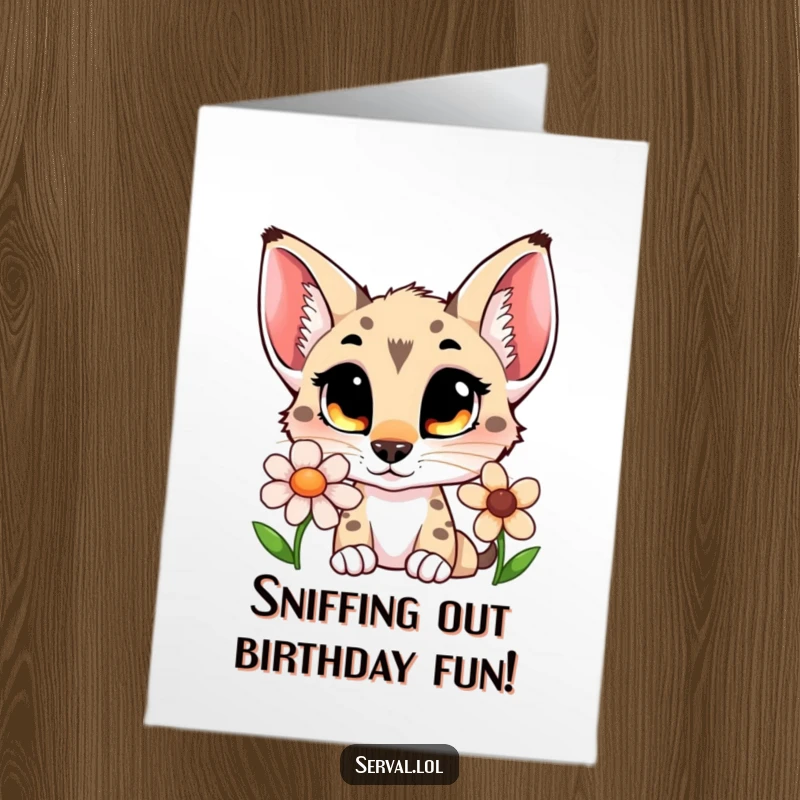 Funny Free Printable Birthday Card: Adorable serval with wide eyes curiously sniffing a vibrant flower, perfect for a downloadable gift.