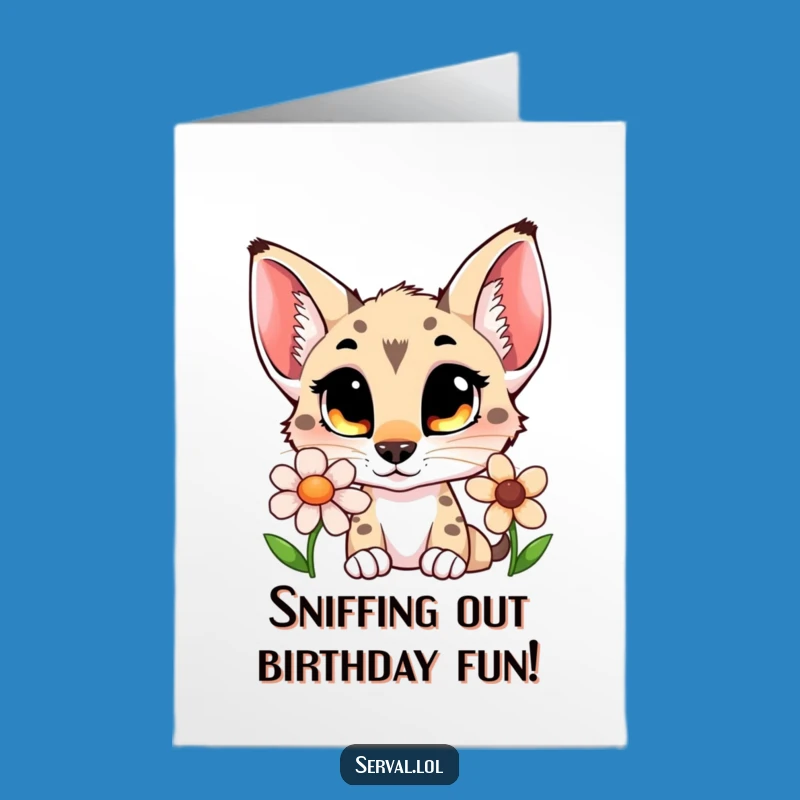 Free Printable Serval Birthday Card: Curious Cat Sniffing Flower Funny Downloadable Gift!