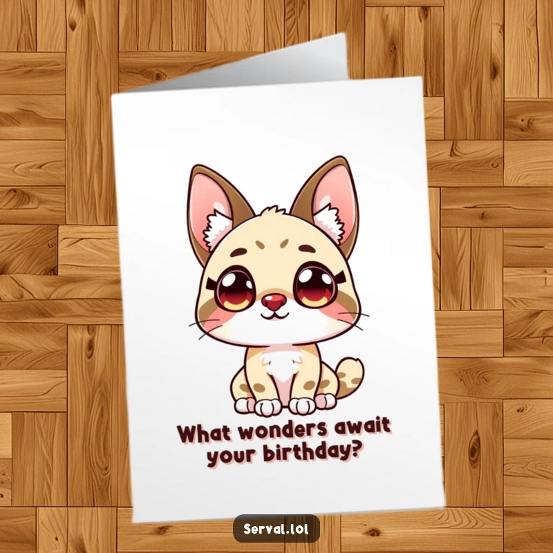 Funny free printable birthday card featuring a kawaii serval cat looking upwards with large, innocent, curious eyes.