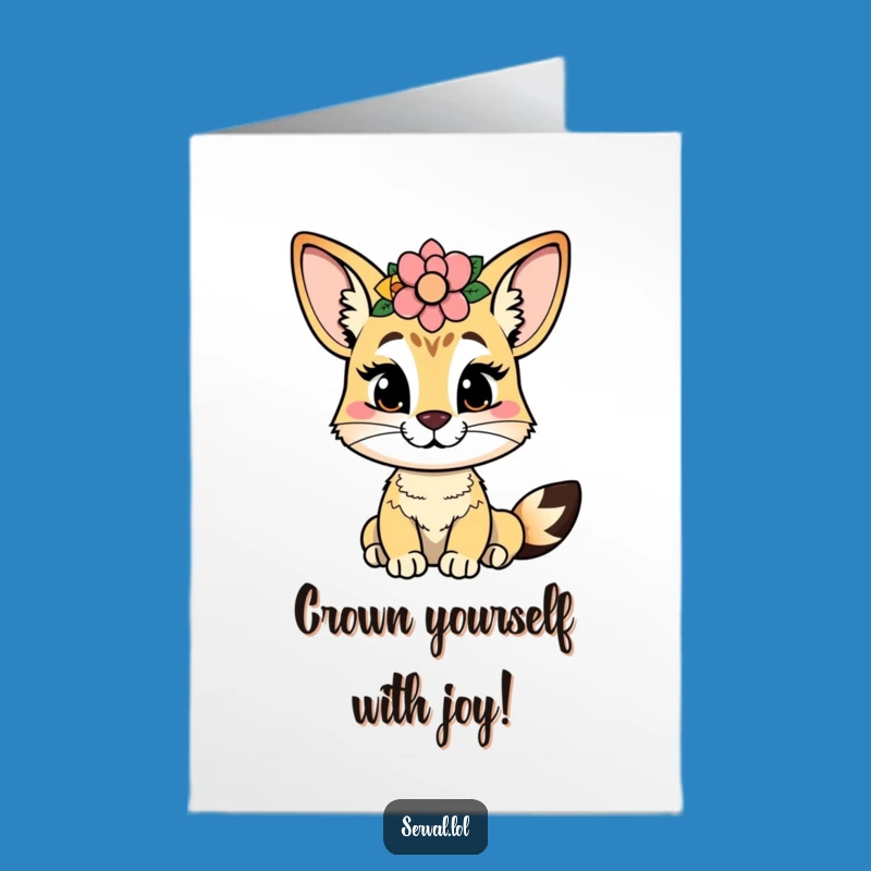Free Printable Serval Birthday Card: Flower Crown Cheeky Grin Funny Downloadable Gift!