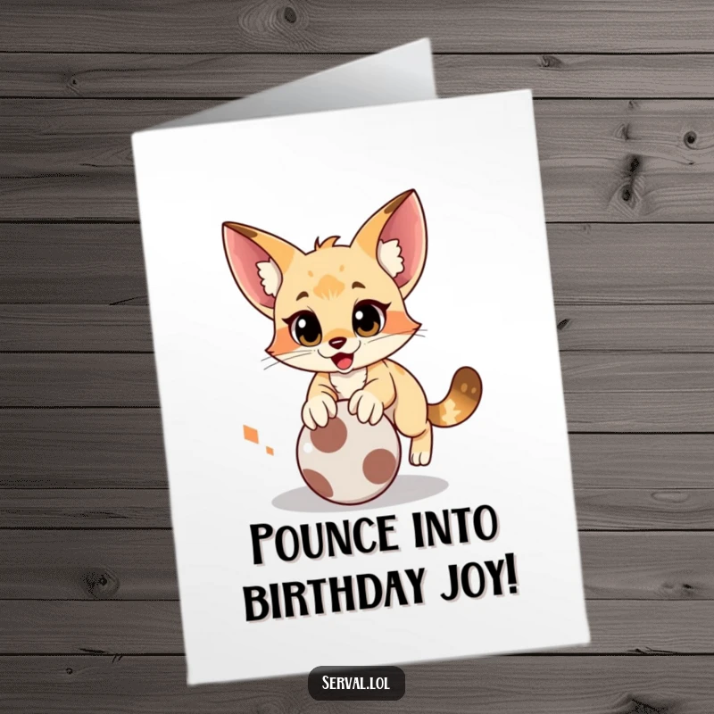 Funny Free Printable Birthday Card: A serval in a comical pounce, eyes locked on a rolling ball, perfect for a downloadable gift.
