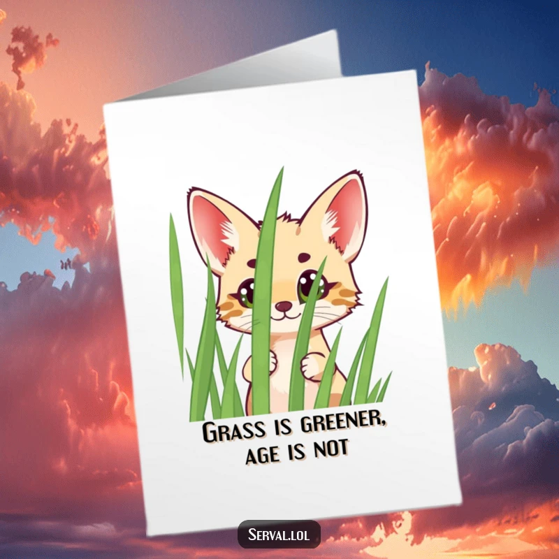 Funny Free Printable Birthday Card: Cheerful serval peeking wide-eyed from grass, a hilarious surprise for their special day.