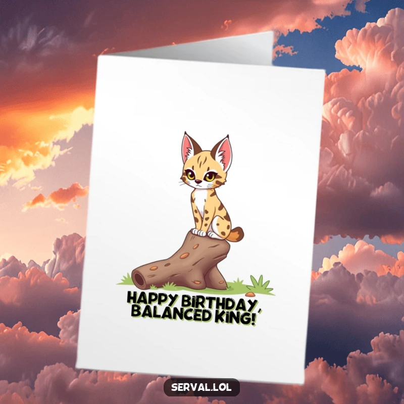 Free Printable Birthday Card showing a serval balancing perfectly on a fallen log with an intensely focused gaze.