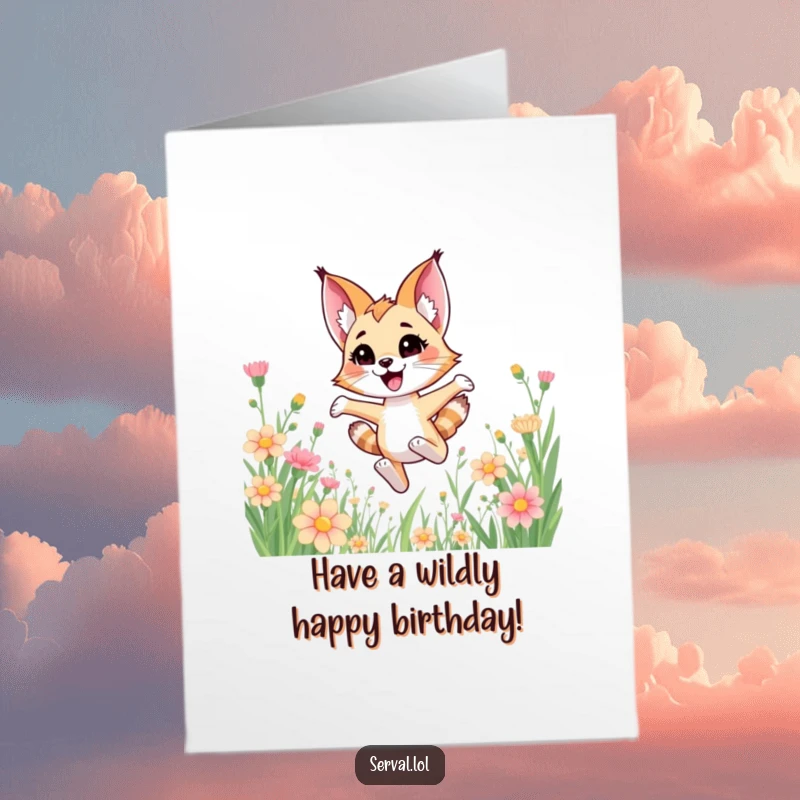 Funny Free Printable Birthday Card: A cute kawaii serval bounds joyfully through tall, colorful flowers.