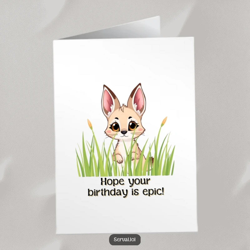 Mysterious free printable birthday card showing a serval with large, curious eyes peeking from behind tall blades of grass.