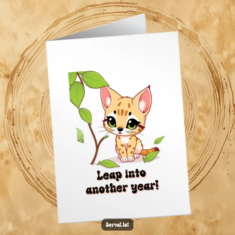 Funny Free Printable Birthday Card: A curious serval stalks a rustling leaf with intense, excited focus, ready to pounce.