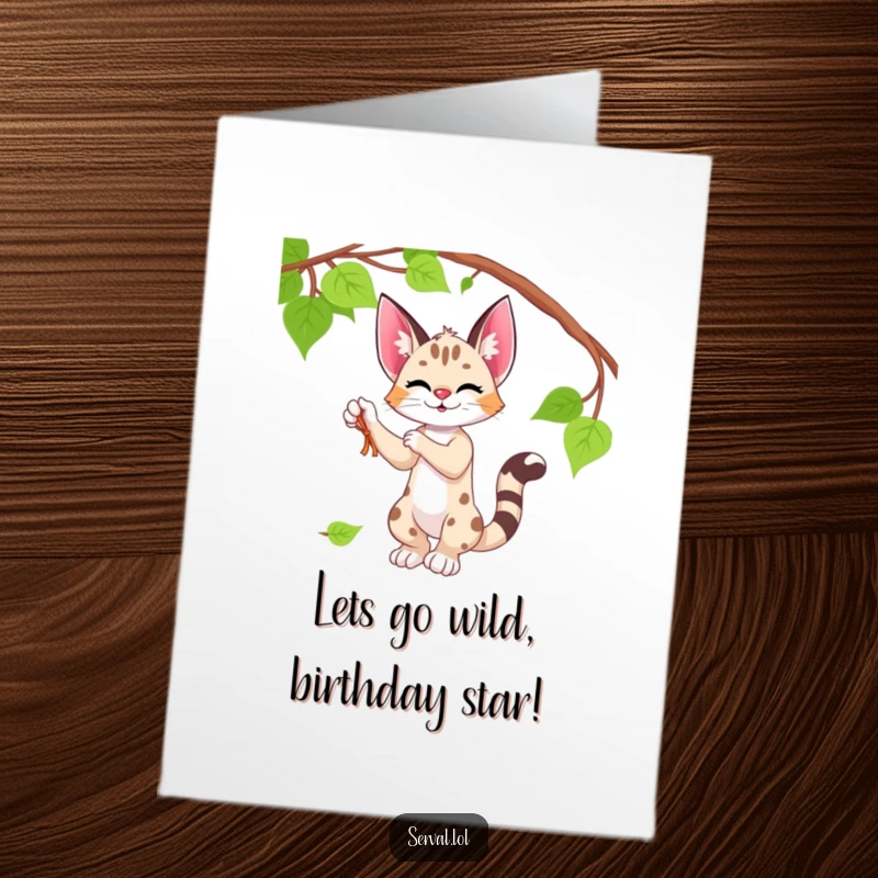 Funny Free Printable Birthday Card: A serval playfully batting at a dangling vine with jungle leaves, full of mischief.