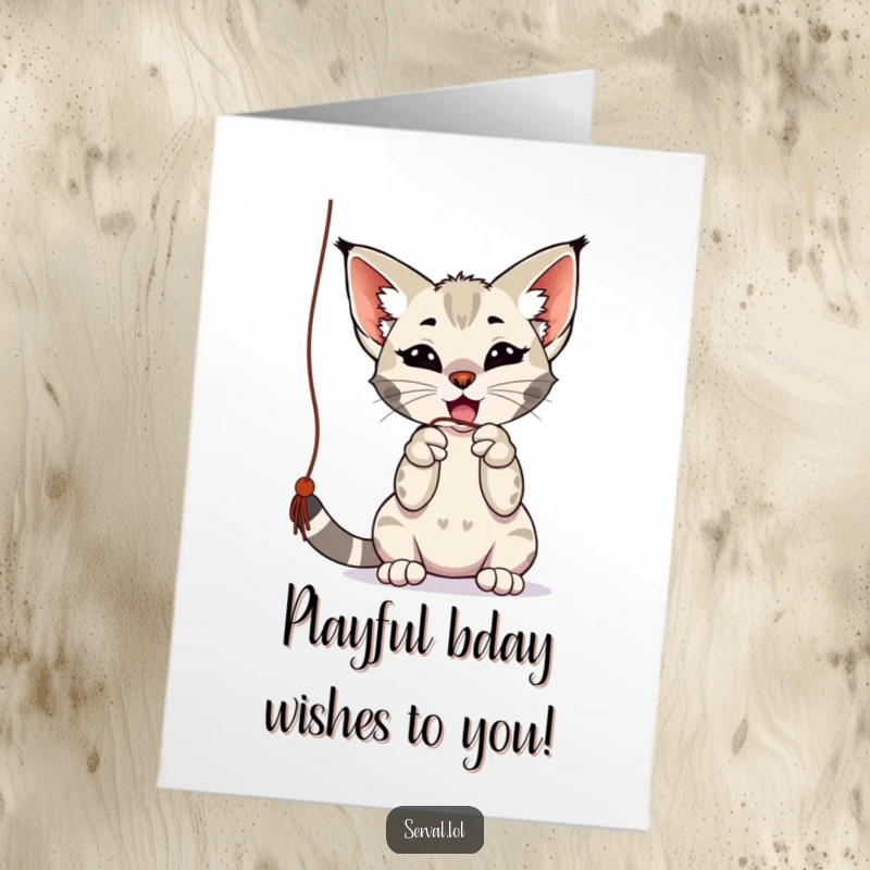 Funny Free Printable Birthday Card: A playful serval bats at a dangling string with its curious paws.