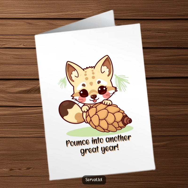 Funny Free Printable Birthday Card: Kawaii serval kitten joyfully pouncing on a rolling pinecone with wild abandon.