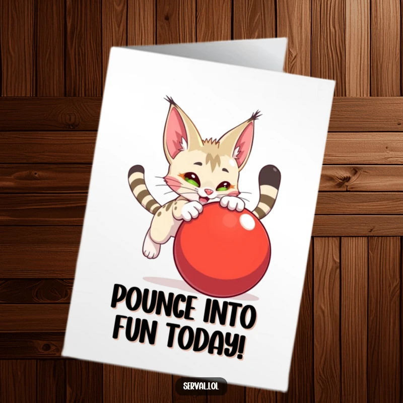 Funny free printable birthday card showing a playful serval character enthusiastically pouncing on a large, vibrant red ball.