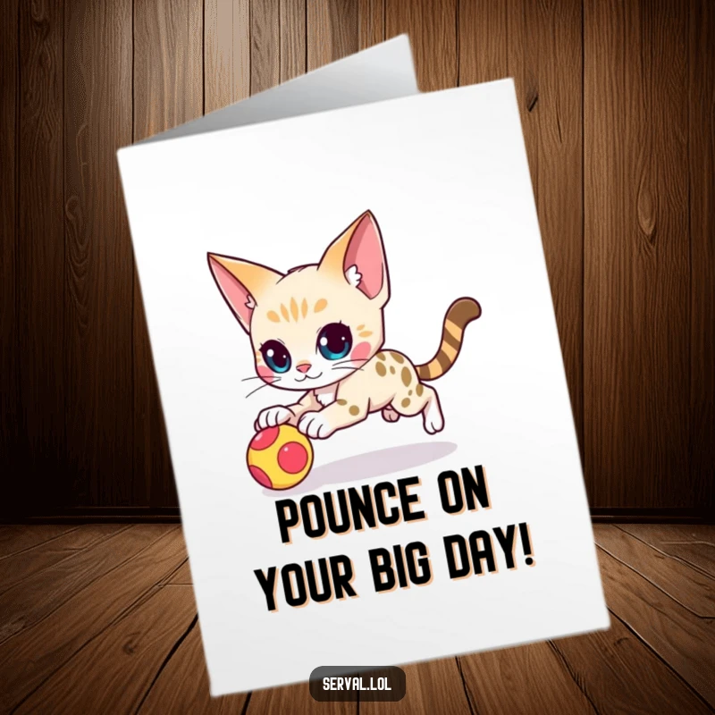 Funny Free Printable Birthday Card: a serval cat character executes a swift, agile pounce on a dangling toy.