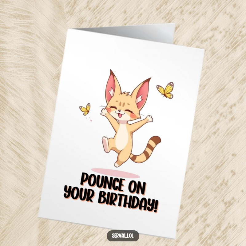 Cute Free Printable Birthday Card: A kawaii serval character joyfully leaps to catch a delicate fluttering butterfly.