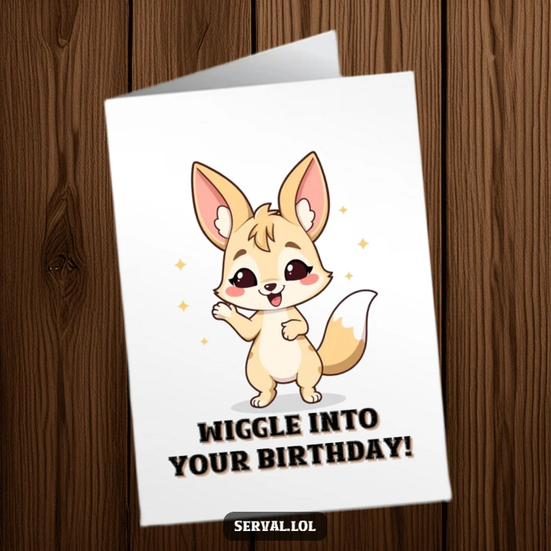 Funny Free Printable Birthday Card: A serval character doing a joyful, energetic wiggle dance with pure delight.