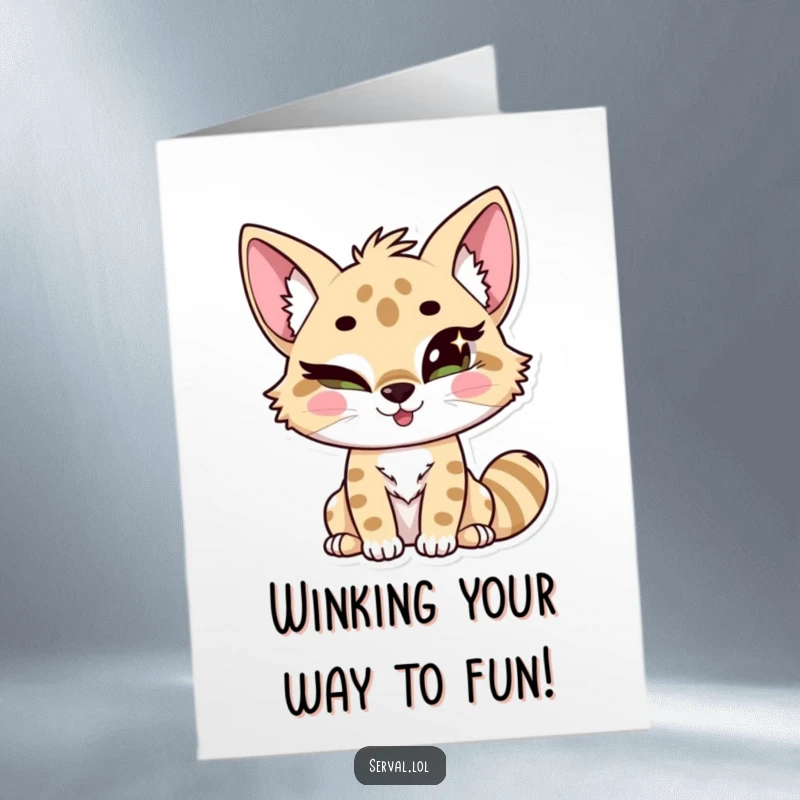 Funny Free Printable Birthday Card: Kawaii serval kitten winking slyly with a sparkling, mischievous glint in its eye.