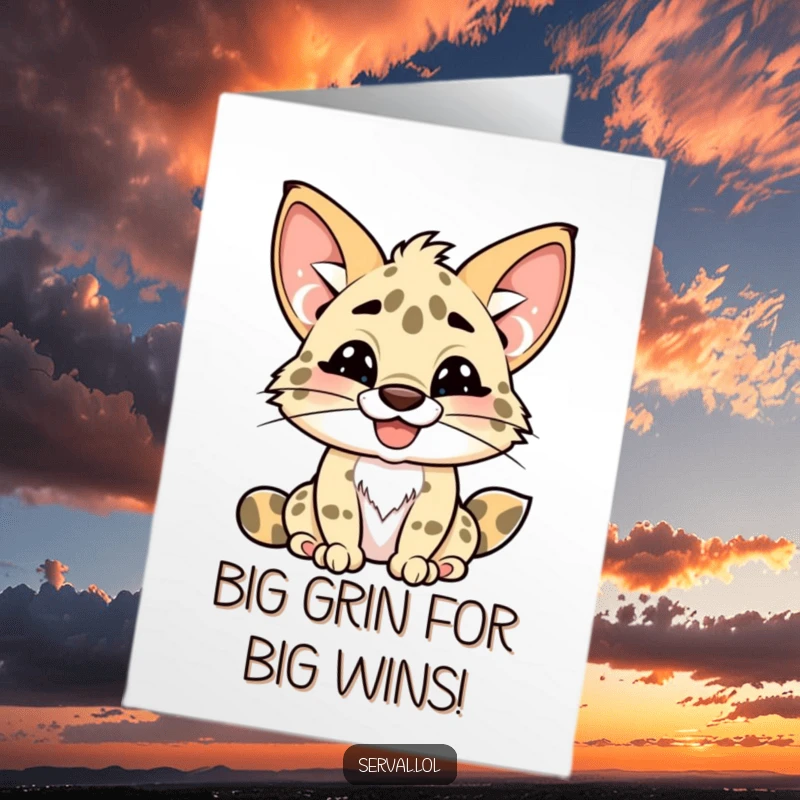 Funny Free Printable Congratulations Card with a kawaii serval character showing off a playful, toothy grin.