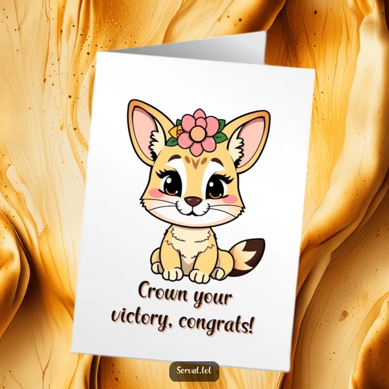Funny Free Printable Congratulations Card: A serval with a cheeky grin wears a flower crown, a stylish downloadable gift.